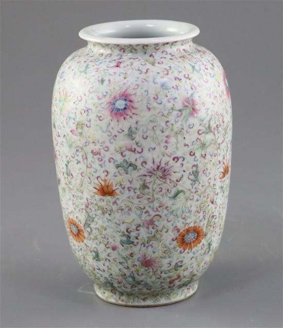 A Chinese famille rose ovoid vase, Qing dynasty, H. 15cm, drilled hole to side of base